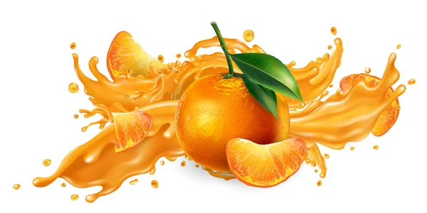 Salpicadura de zumo de fruta y mandarinas frescas. — Vector de stock