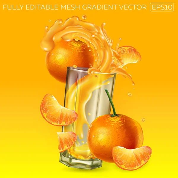 Mandarinas y zumo salpicado en un vaso. — Archivo Imágenes Vectoriales