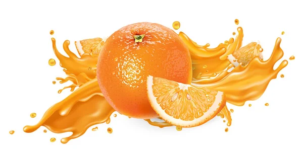 Salpicadura de zumo de fruta y naranja fresca. — Vector de stock