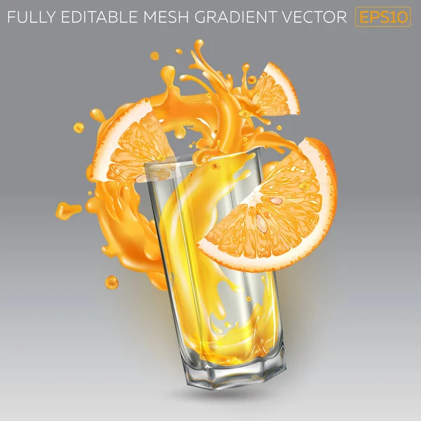 Salpicadura de jugo de frutas en un vaso y rebanadas de naranja. — Vector de stock