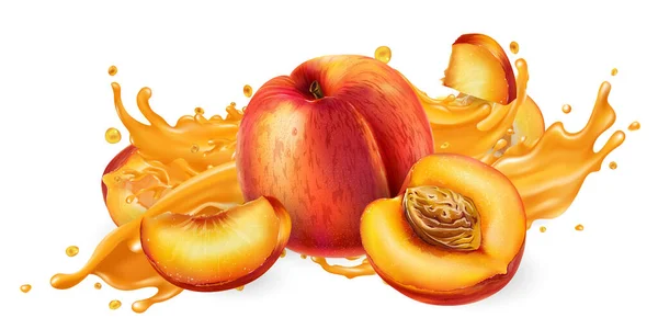 Stänk av fruktjuice och färska persikor. — Stock vektor