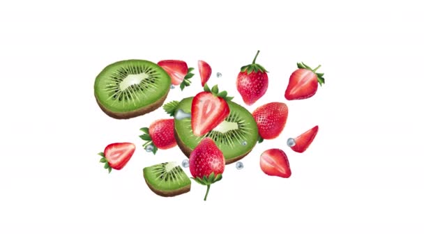猕猴桃和草莓在阿尔法通道上飞行. — 图库视频影像