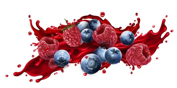 用蓝莓和覆盆子泼洒果汁. — 图库矢量图片