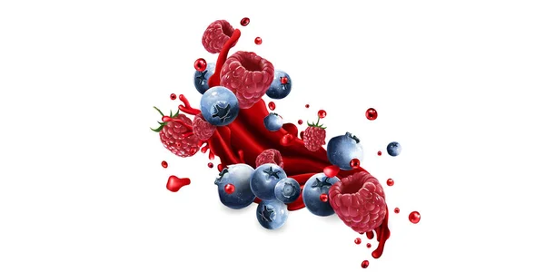 Подрібнення фруктового соку та свіжої чорниці та малини . — стоковий вектор