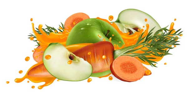 Green apples and carrots in a vegetable juice splash. — Stock Vector