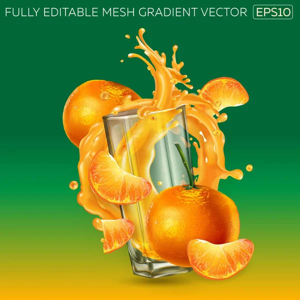 Ovocná šťáva cákající do sklenice a mandarinky kolem. — Stockový vektor