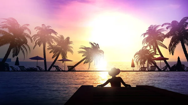 Gün batımında sahilde bir kadının silueti.. — Stok fotoğraf