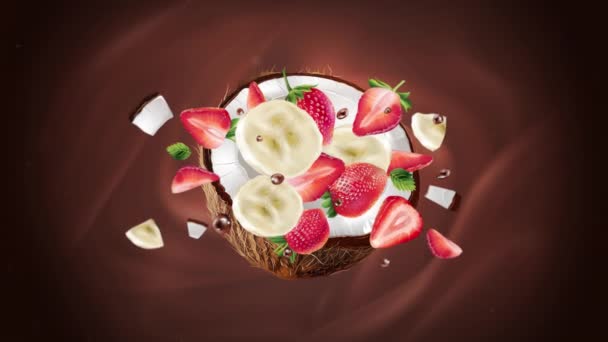 椰子、香蕉和草莓的褐色背景. — 图库视频影像