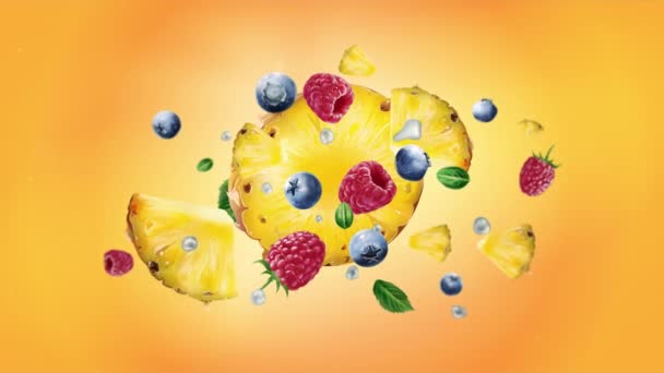 黄色背景的覆盆子、菠萝和蓝莓. — 图库视频影像