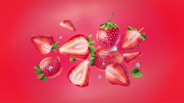 Fresas frescas volando sobre un fondo rojo. — Vídeo de stock