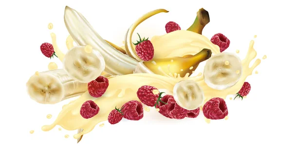 Bananas e framboesas em um batido ou salpicos de iogurte. —  Vetores de Stock