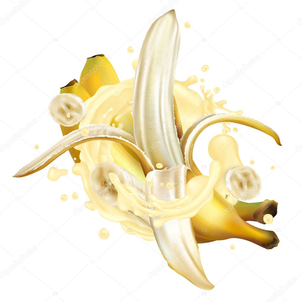 Whole and sliced bananas in a milkshake splash.