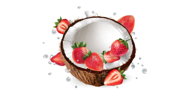 Coco y fresas en salpicaduras de yogur o leche. — Vector de stock