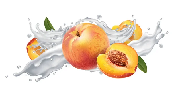 酸奶或牛奶飞溅中的桃子. — 图库矢量图片