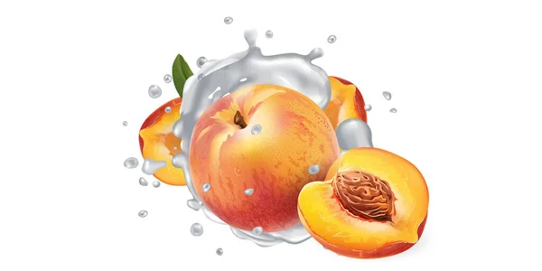 Peaches in splashes of yogurt or milk. — Stock Vector