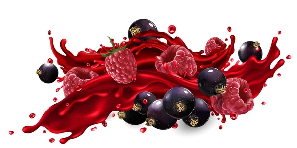 Salpicadura de zumo de frutas con frambuesas y grosellas negras. — Archivo Imágenes Vectoriales