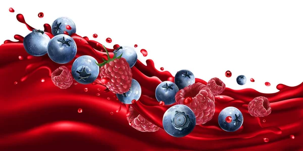 果汁波上的蓝莓和覆盆子. — 图库矢量图片