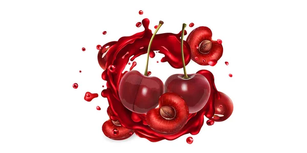 Cerises fraîches et une touche de jus de fruits. — Image vectorielle