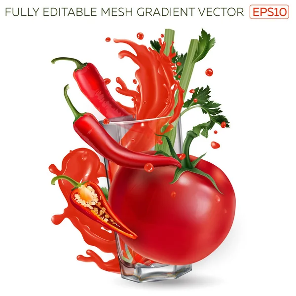 Tomate, pimientos rojos y apio alrededor de un vaso de jugo de verduras. — Archivo Imágenes Vectoriales