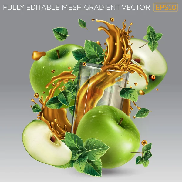 Pot vruchtensap in een glas tussen groene appels en muntblaadjes. — Stockvector