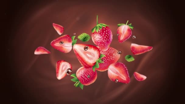 Vliegende verse aardbeien op een chocolade achtergrond. — Stockvideo