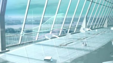 Beyaz ofis kurumsal arka planı ve sanal bilgi grafikleri.