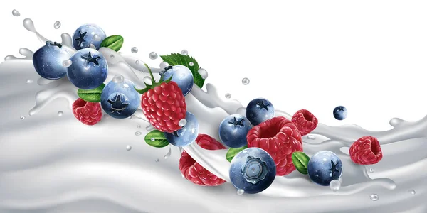 Mirtilli e lamponi su uno yogurt o un'onda di latte. — Vettoriale Stock