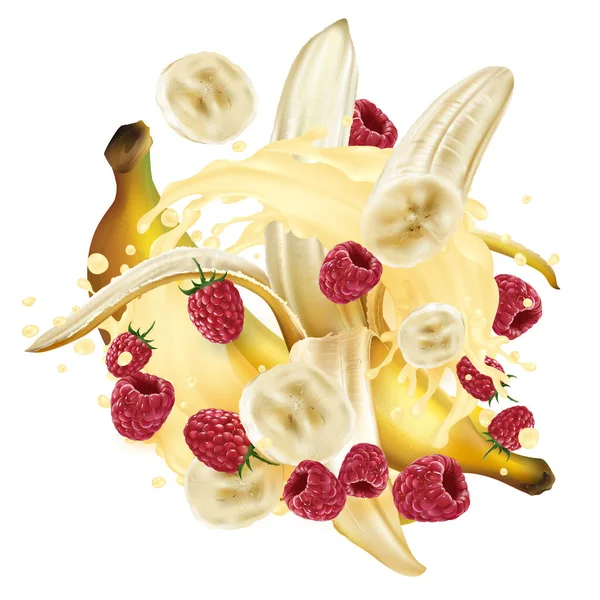 Bananes et framboises et une touche de milkshake ou de yaourt. — Image vectorielle