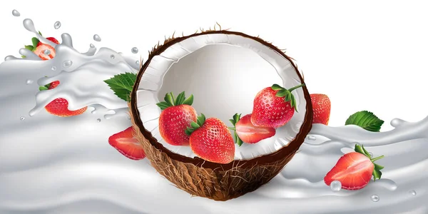 Noix de coco et fraises sur une vague de yaourt ou de lait. — Image vectorielle