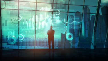 İş adamı sanal ortamda büyük verilerle çalışır.