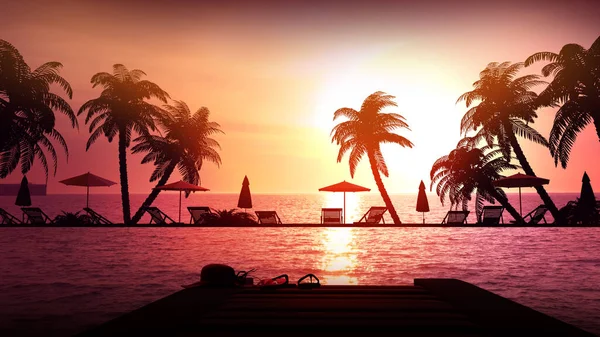 Gün batımında palmiye ağaçları olan boş tatil beldesi. — Stok fotoğraf