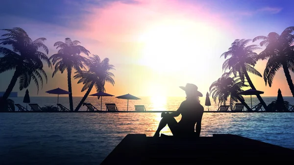 Silueta de una mujer en un resort al atardecer. — Foto de Stock