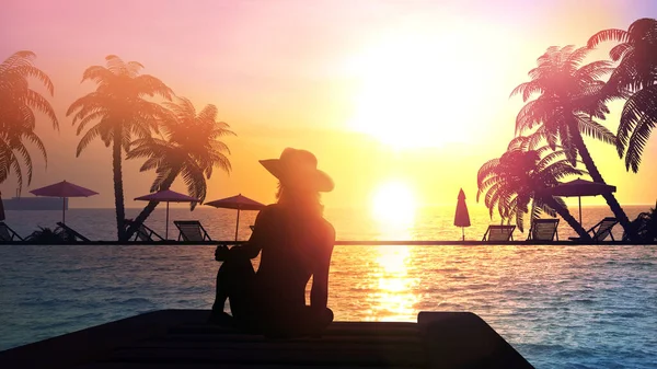 Silhueta feminina solitária em um fundo de pôr do sol do mar. — Fotografia de Stock