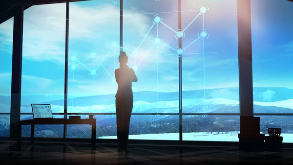 Geschäftsfrau beobachtet Infografiken vor einem Panorama-Bürofenster. — Stockfoto