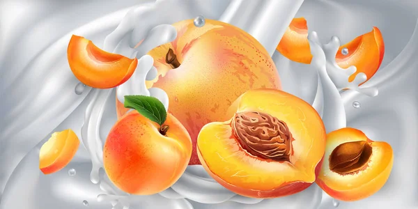 Aprikosen und Pfirsiche in einem Strom von Milch oder Joghurt. — Stockvektor