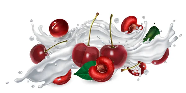 酸奶或牛奶飞溅中的樱桃. — 图库矢量图片