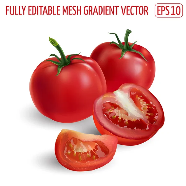 Celá a nakrájená červená rajčata na bílém pozadí. — Stockový vektor