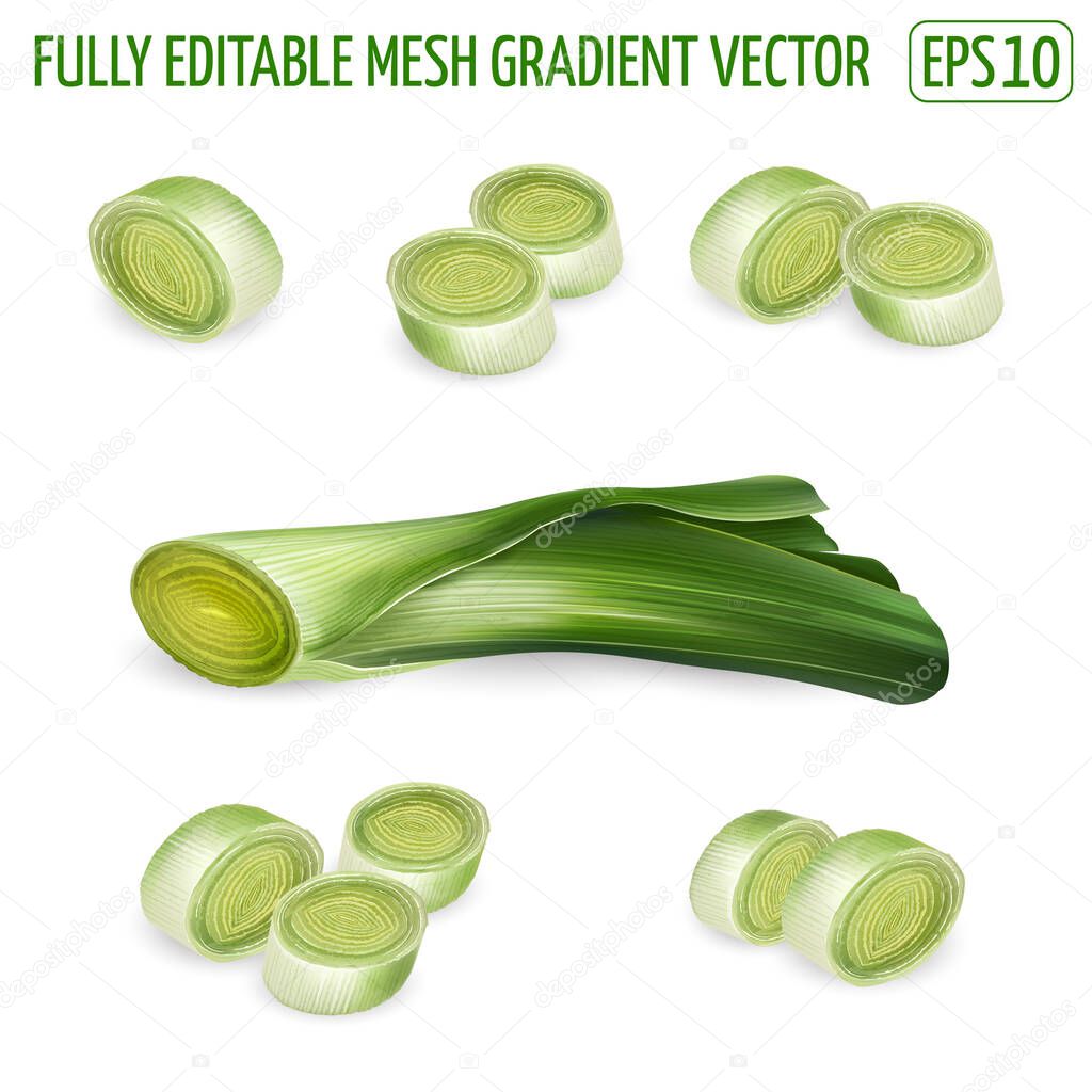 Leek slices compositions on a white background.