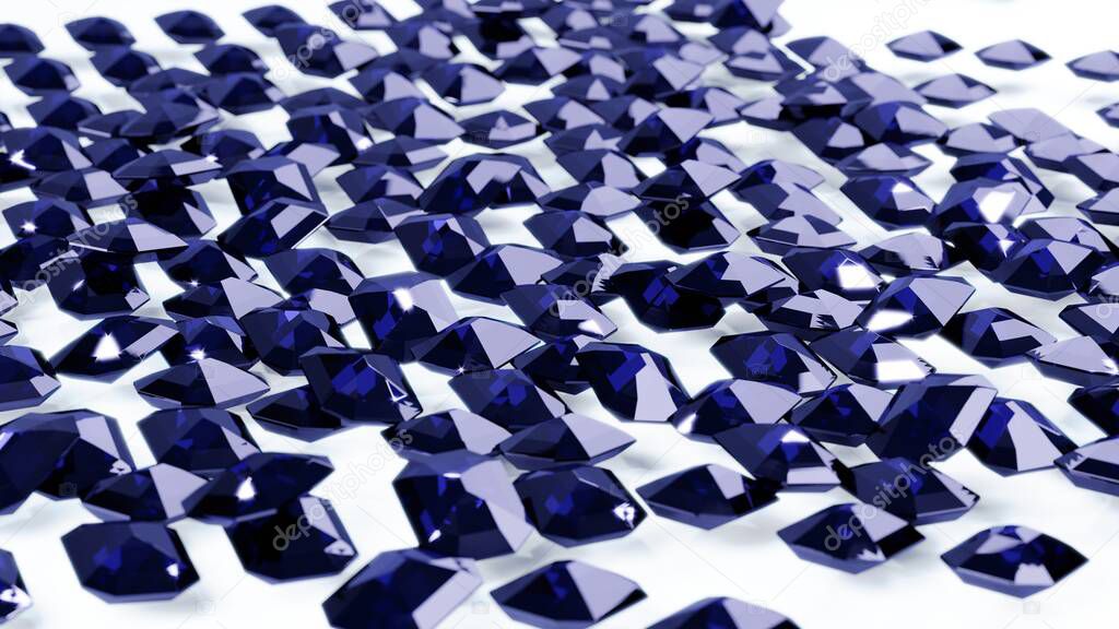 pile of blue Emerald Cut Gemstone diamonds on white background