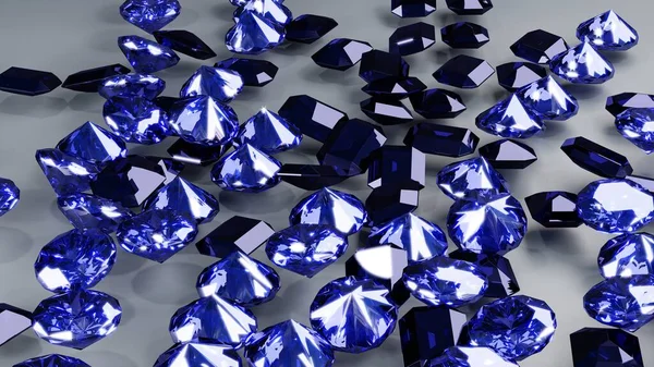 青いエメラルドカットの宝石とダイヤモンドの白い背景 3Dイラストの山 — ストック写真