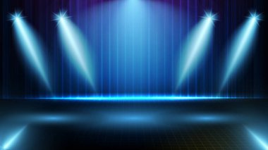 Mavi boş sahne ve neon ışıklı sahne arkaplanının soyut fütüristik arkaplanı