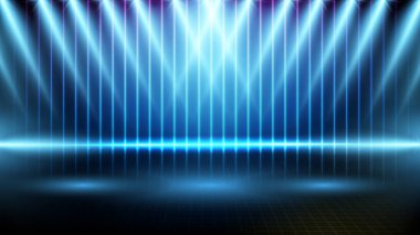 Mavi boş sahnenin soyut fütüristik arka planı ve neon ışıklandırma sahnesi sahne arkası dijital, floresan, elektronik, salon, geometrik, ışınlar, bilim, siyah, konsept, parlak, elektrik, kulüp, render, mimari, aydınlatma