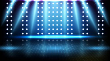 Mavi boş sahne ve neon ışıklı sahne arkaplanının soyut fütüristik arkaplanı