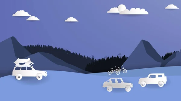 Ilustración Vectorial Camping Vehículos Todoterreno Con Escena Naturaleza Estilo Corte — Vector de stock