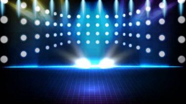 Kırmızı halı ve ışıklandırma sahnesi arka planıyla kaplı mavi boş sahne merdivenlerinin soyut fütüristik arka planı