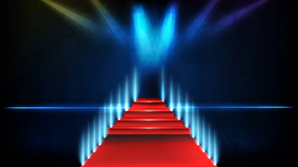 蓝色空旷舞台的抽象的未来派背景楼梯上铺着红地毯和灯光 — 图库矢量图片