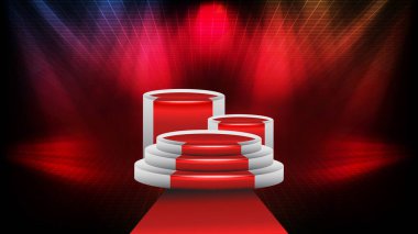 Mavi boş sahne merdivenlerinin soyut fütüristik arka planı mavi halı ve aydınlatmayla kaplı. Sahne ışığı arkaplanı