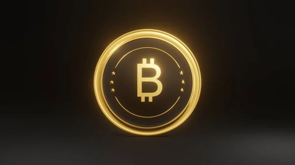 Hromada Zářící Zlaté Bitcoin Černém Pozadí Vykreslování — Stock fotografie