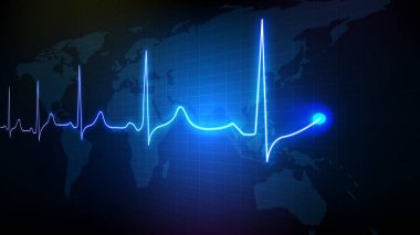 Mavi fütüristik teknolojinin soyut arkaplanı dijital ECG kalp atışı titreşim hattı monitörü ve dünya haritası