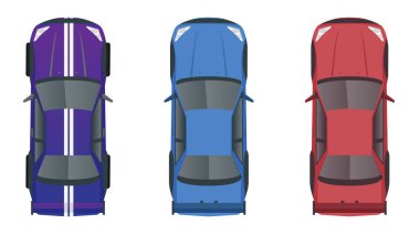 Birçok renkte spor araba aracının en üstteki görünümü